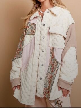 POL Quilted Patchwork Shacket - Cream & Blush